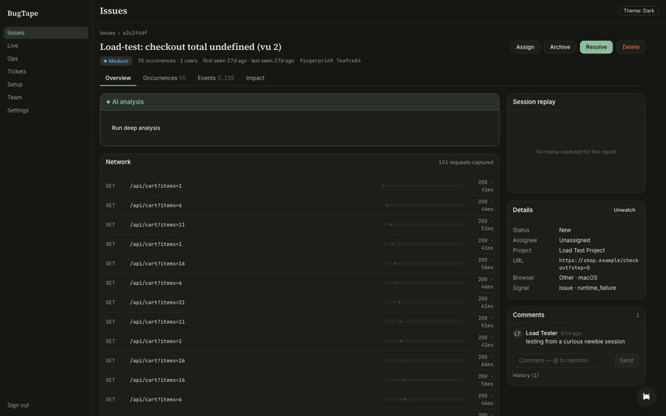 BugTape issue timeline and buffer evidence