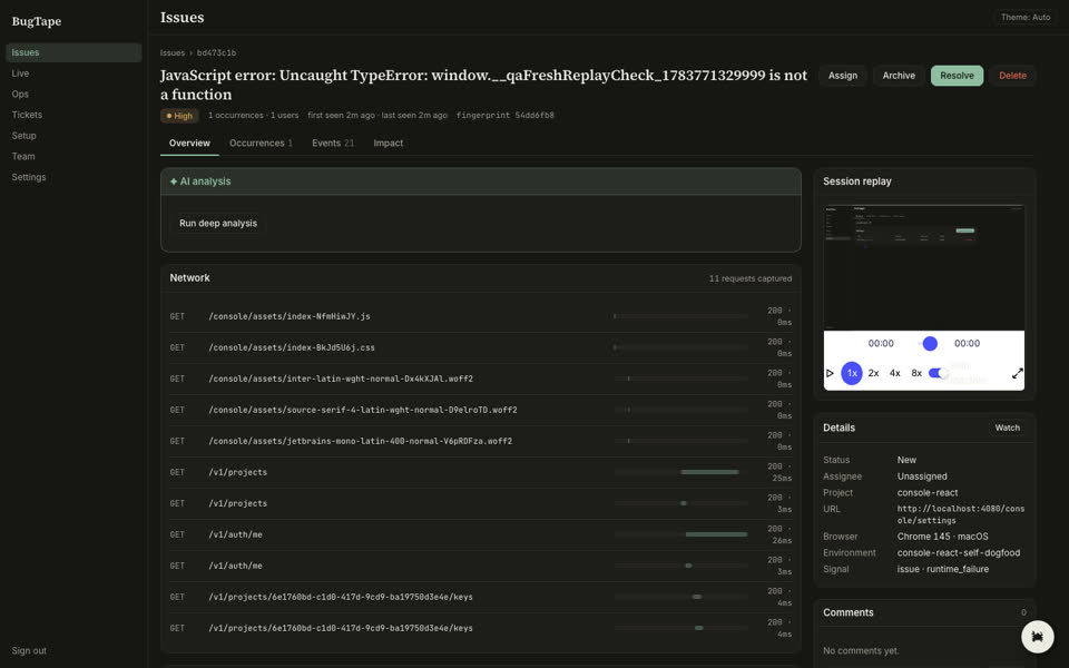 BugTape replay, network waterfall and issue detail