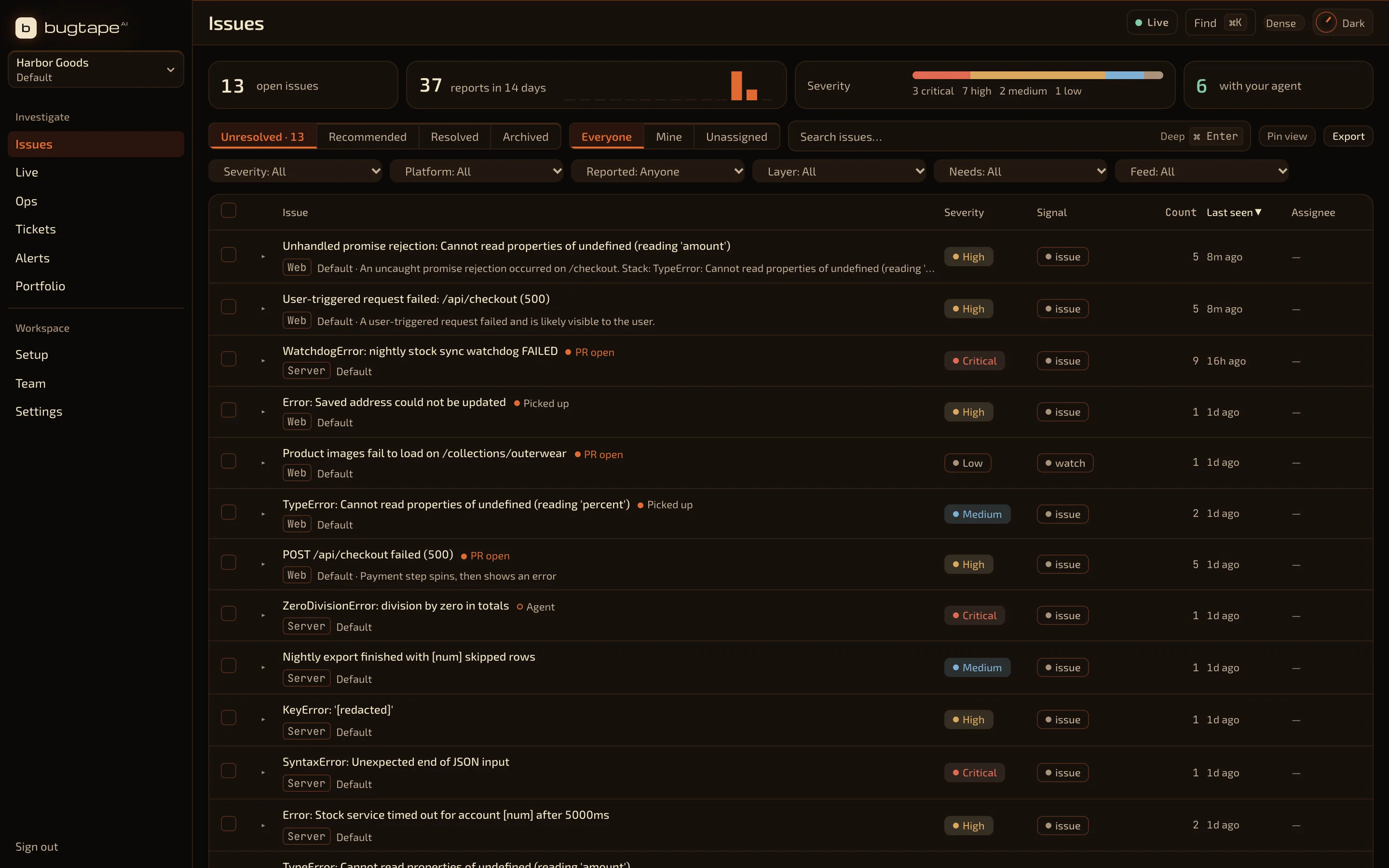 The BugTape console groups repeated reports into one issue