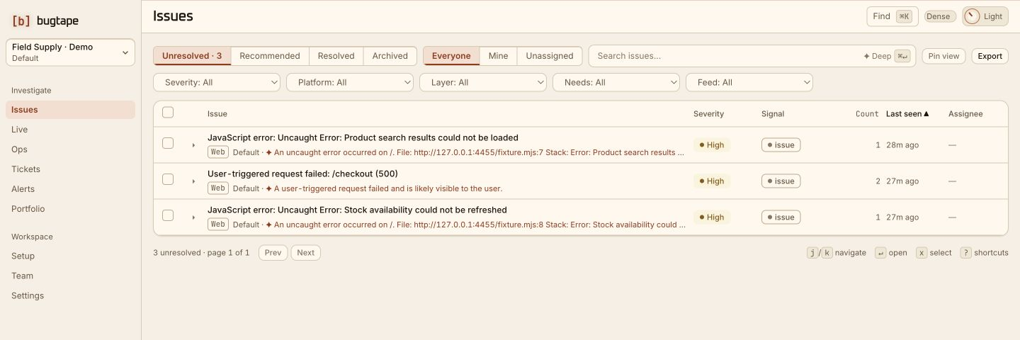 BugTape inbox with one row per failure and a report count on each