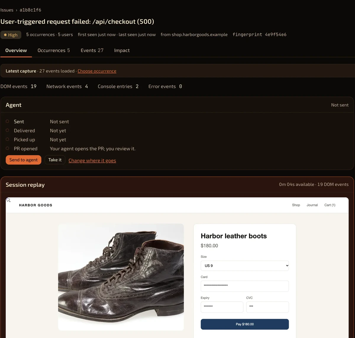 A BugTape issue with a failed checkout request, session replay and captured events