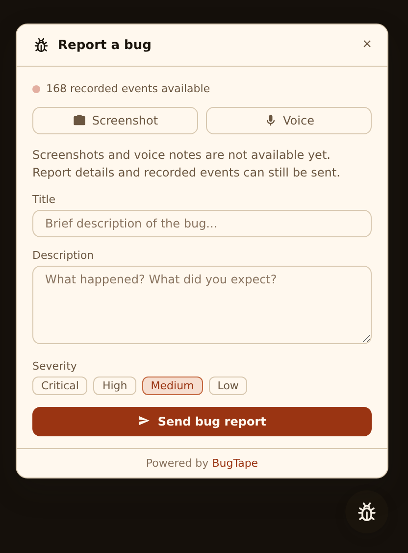 BugTape report form with a title, description and severity choice